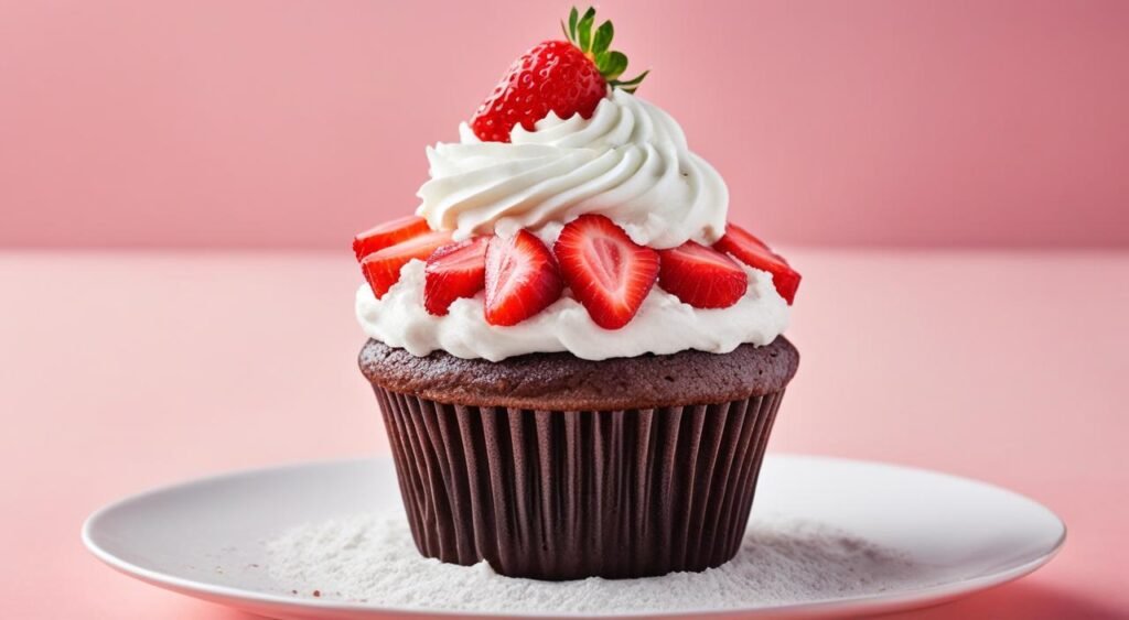 cupcake de liquidificador com recheio de morango e cobertura de chantilly